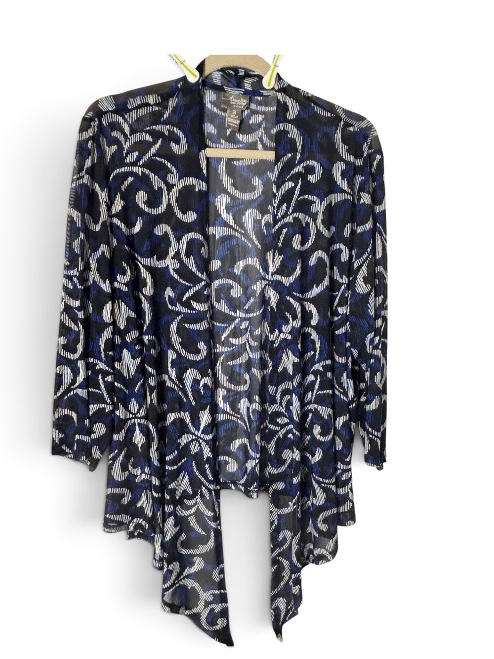 Chico's Navy & White Open-Front Patterned Draped Cardigan